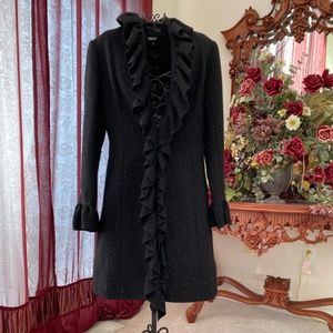 DKNY Wool Long-Sleeved, Ruffle Front Sequined Coat